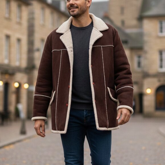 EUC Mens Y2K Brown Sherpa-Lined Faux Suede Coat Old Navy Sz XL Heritage Workwear - Picture 1 of 12